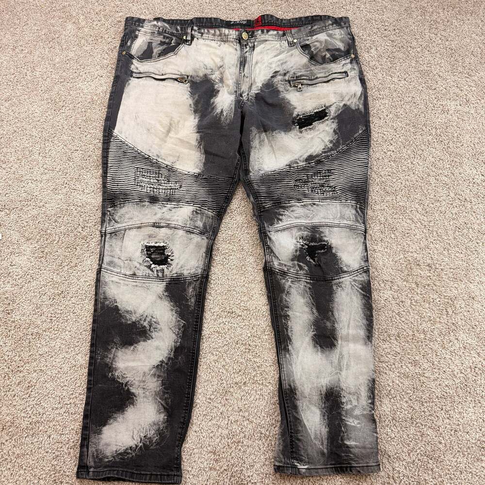 Makobi Jeans Mens 52x34 Black Bleach Wash Moto Biker Distressed Denim EUC